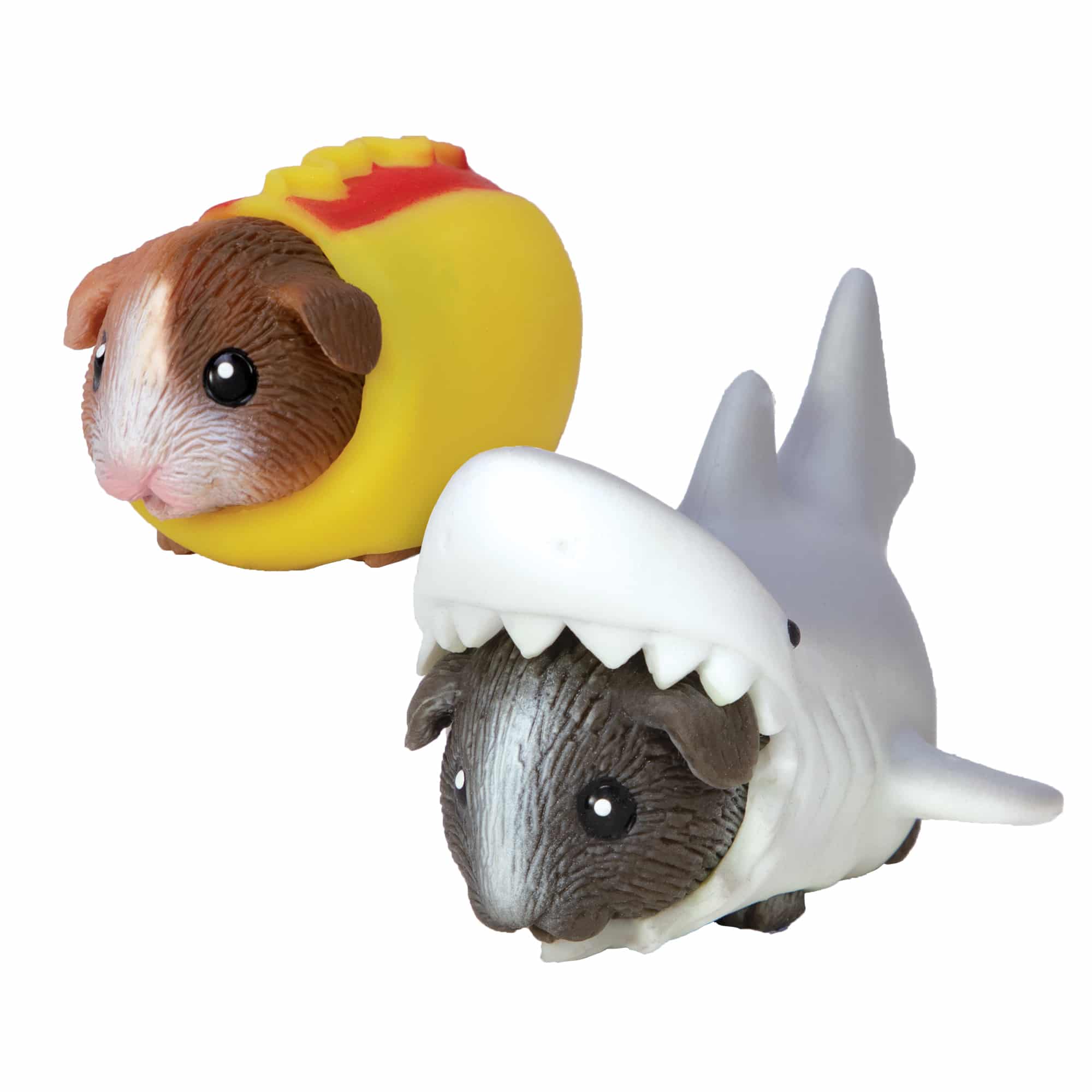 Two Guinea Pig toys, one in a hot dog outfit, the other in a shark