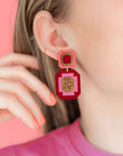 Double Gem Statement Earrings - Red