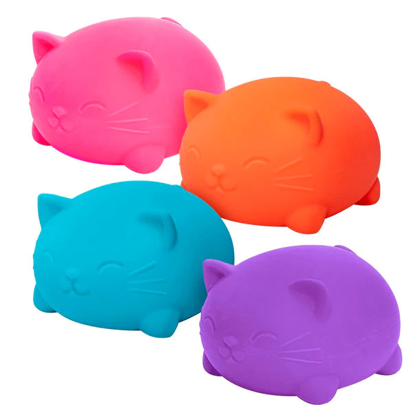 A pink, orange, blue and purple Teenie Cool Cat Nee Dog toy