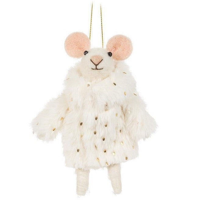 White Felt Mouse in a Fluffy White Coat Ornament
