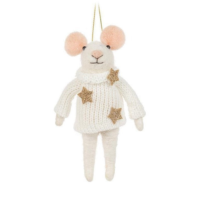 White Felt Mouse in a White Sweater Ornament
