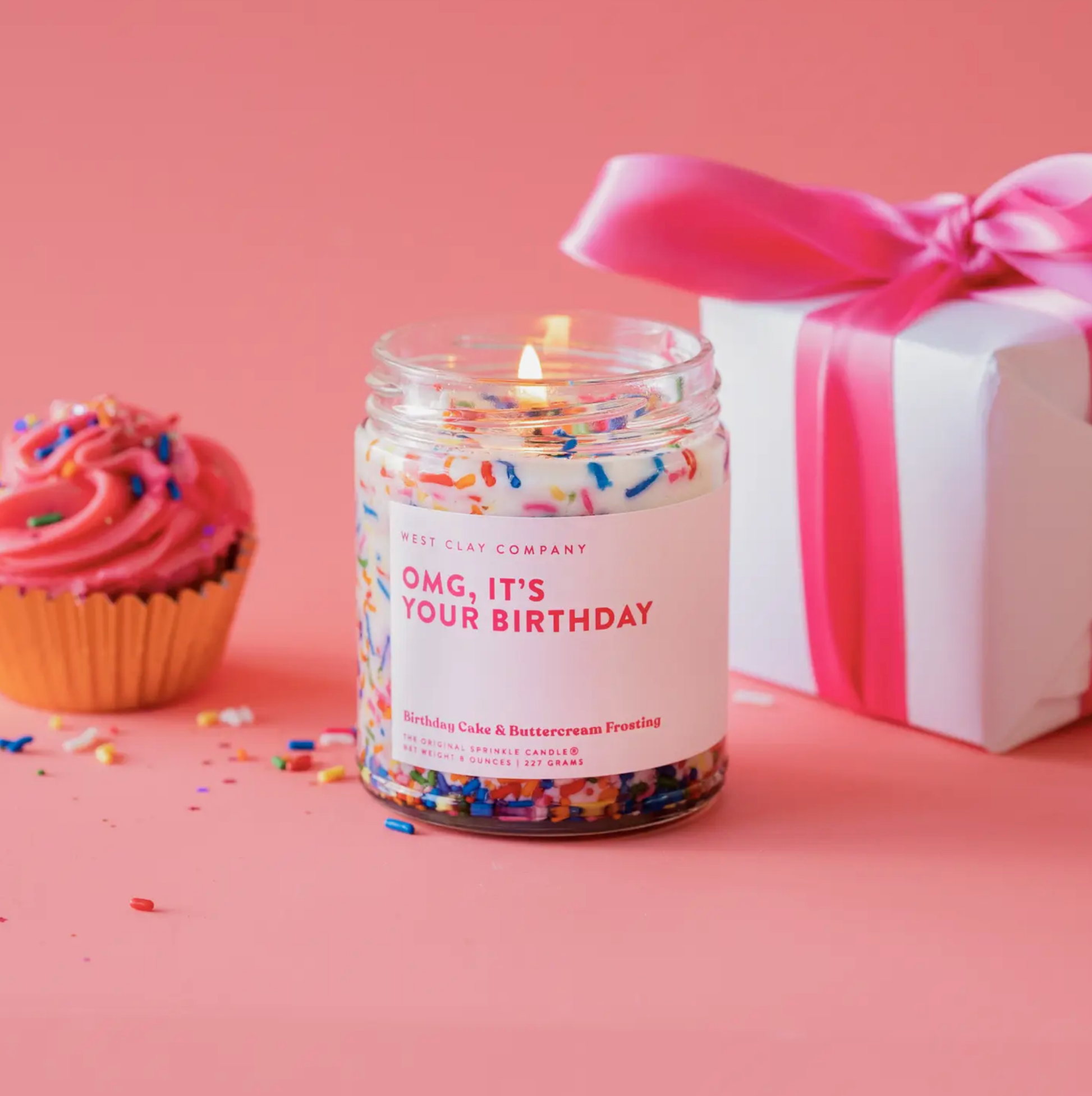 "OMG, It's Your Birthday" candle with cupcake and present